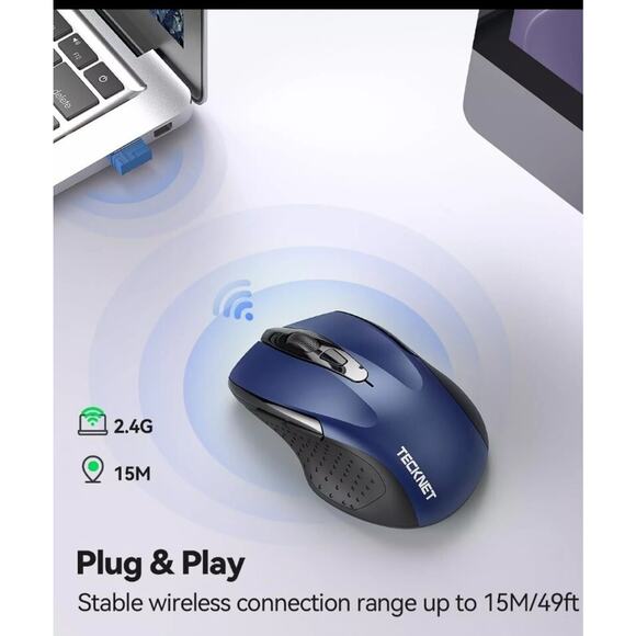 TECKNET Wireless Silent Mouse, Quiet Click, 2.4G Optical Computer Mouse, Blue - Picture 3 of 10